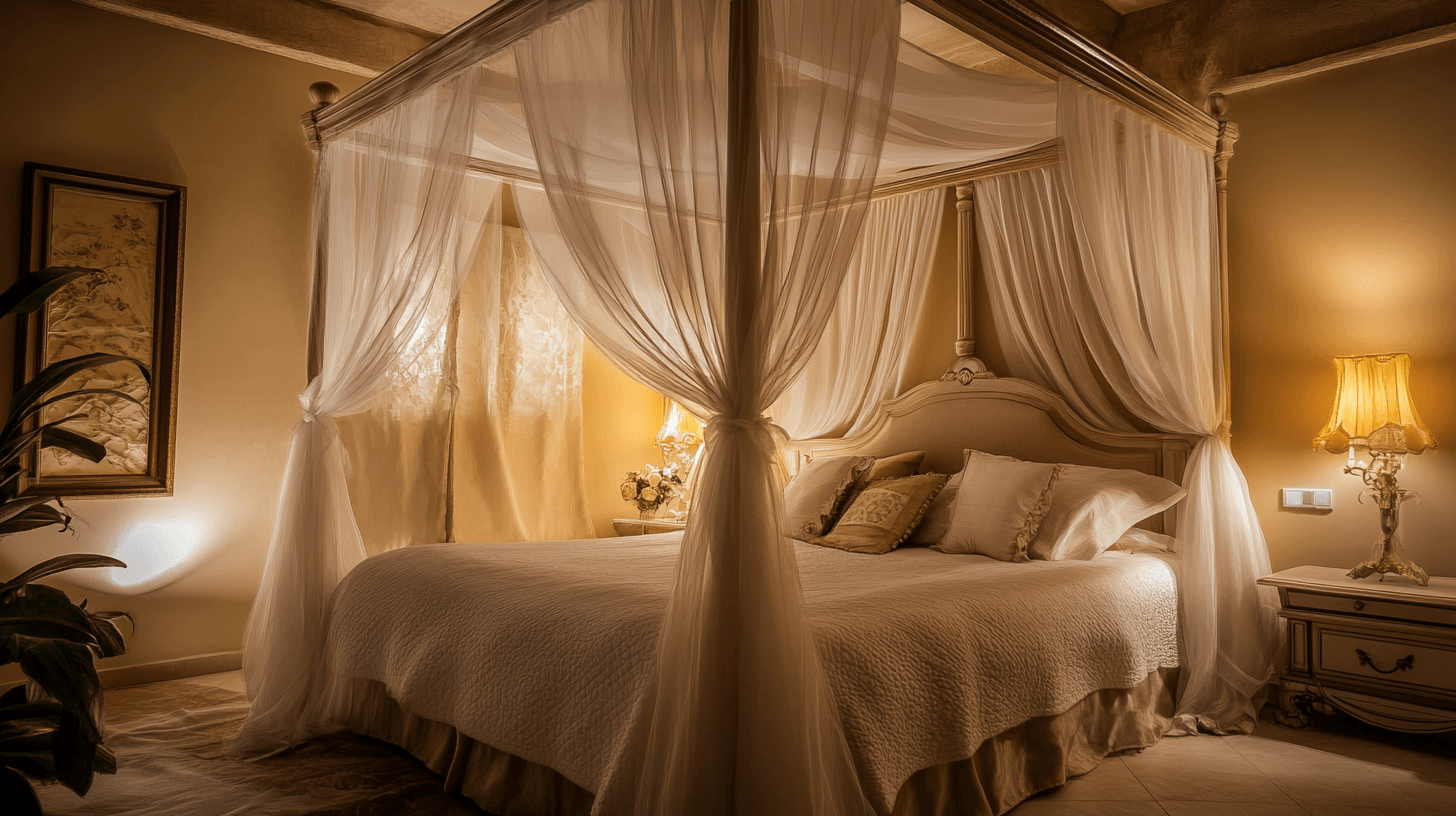 Ein romantisches Himmelbett mit Baldachin in einem stilvoll eingerichteten Schlafzimmer