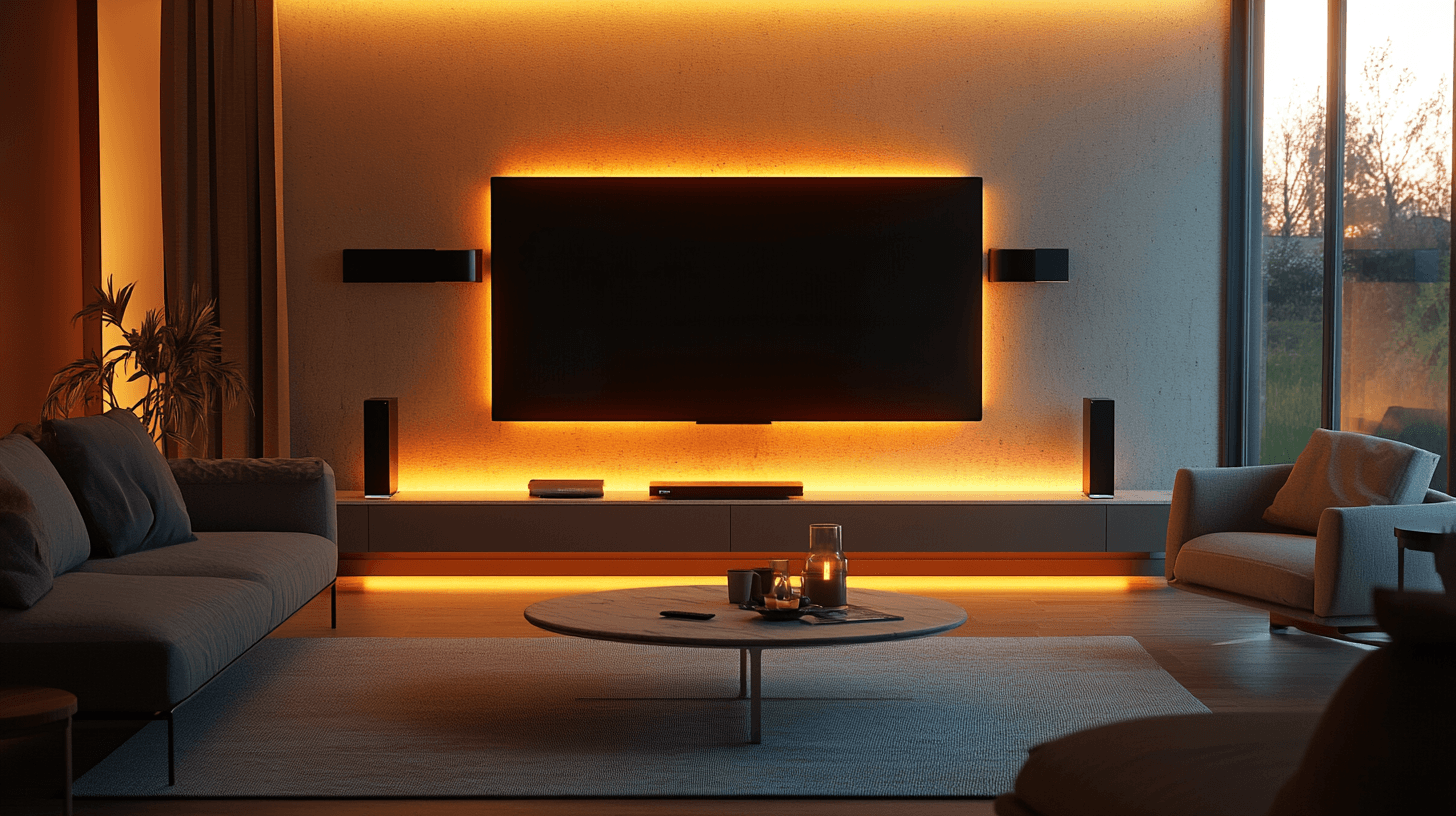 Living room with integrated media wall: Stylishly staging technology