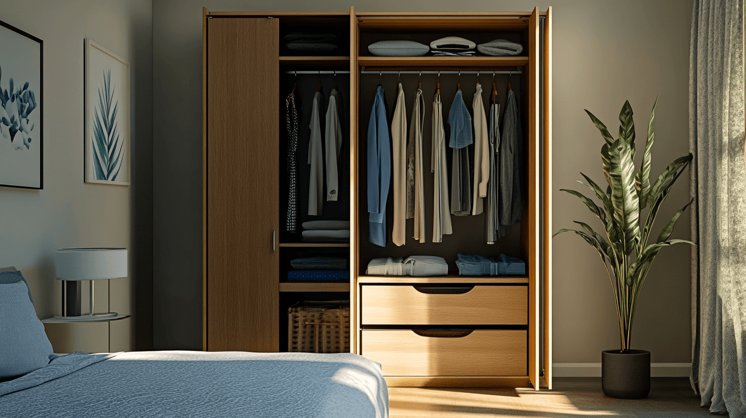 Bedroom with open wardrobe: Keeping things tidy made easy