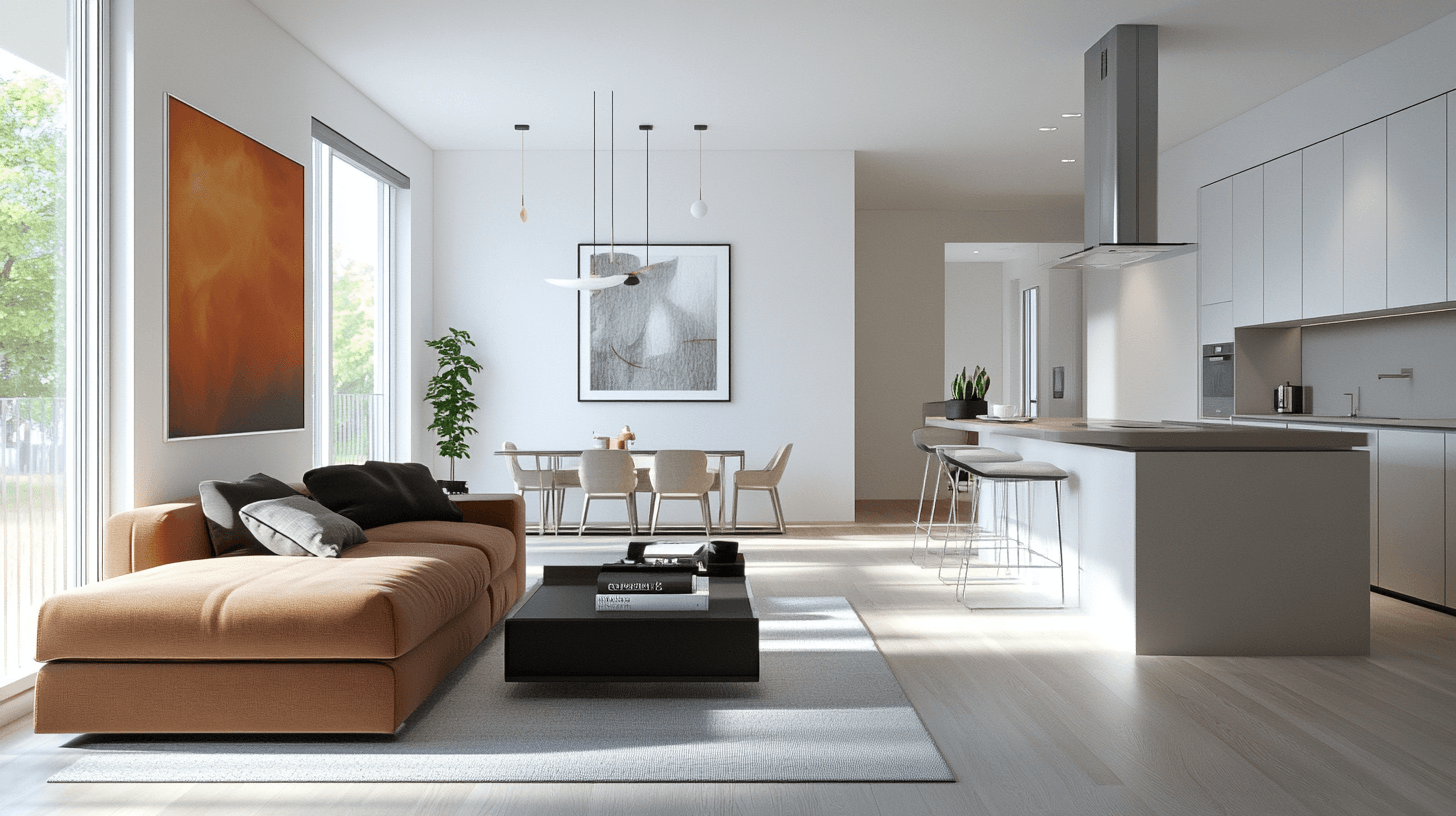 Living room with open kitchen and cooking island: Modern and communicative
