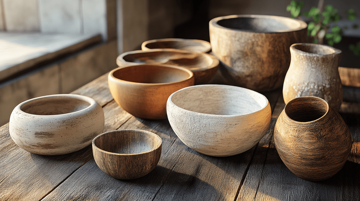 Bowls and vases made from natural materials: wood, stone, and clay