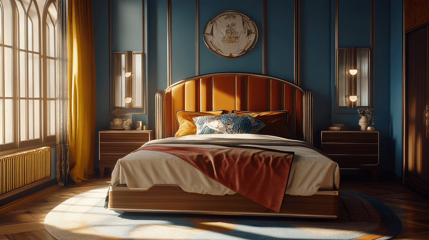 Color scheme in the Art Deco bedroom: Bold tones and noble materials