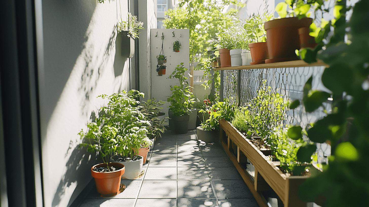 Kleiner urbaner Garten auf einem Balkon mit verschiedenen Pflanzen