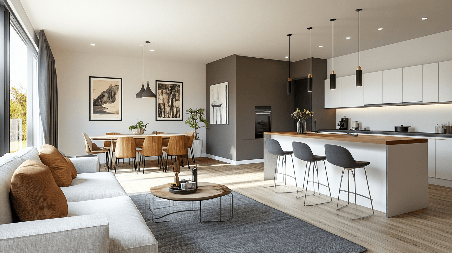Living room with open kitchen and dining counter: Modern and communicative