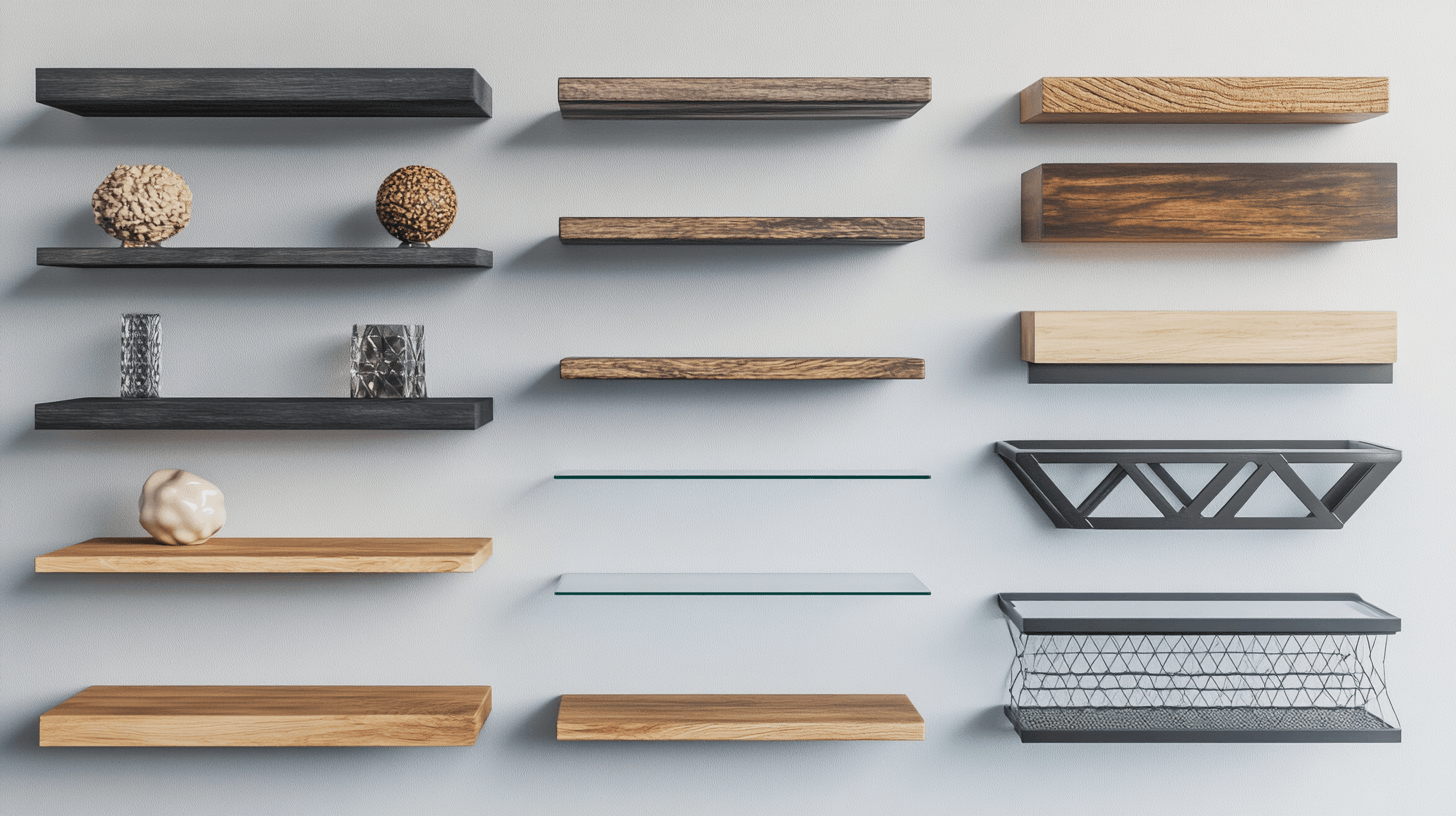 Various designs and materials of wall shelves