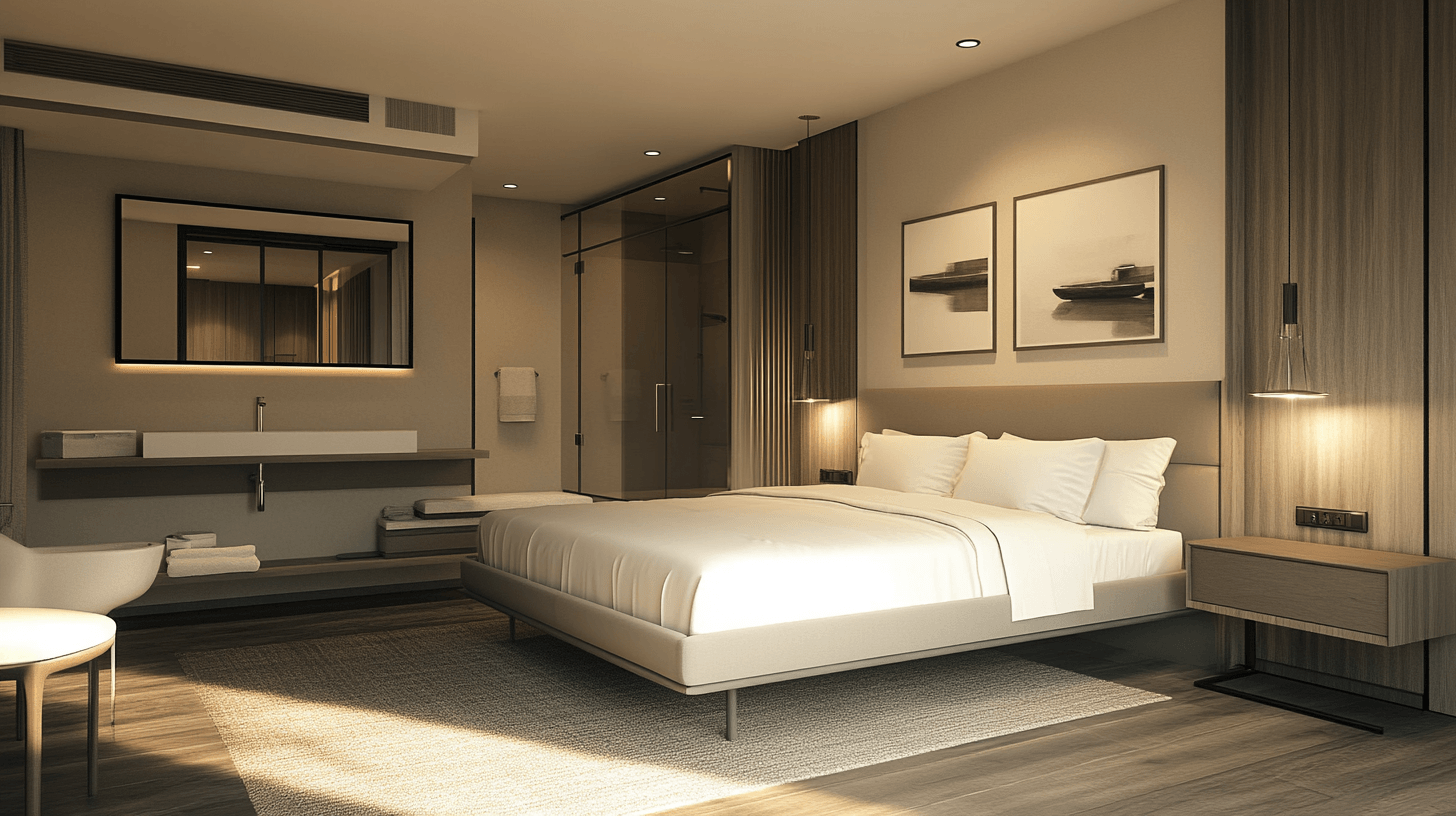 Design ideas for a harmonious bedroom with an en suite bathroom
