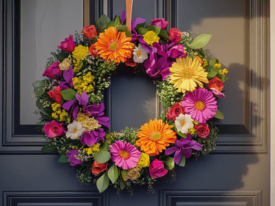 Ein bunter Blumenkranz hängt an einer Haustür