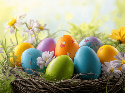 Bunte Osternest-Dekoration mit Eiern und Blumen