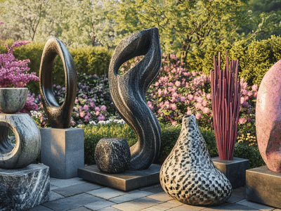 Verschiedene Gartenfiguren in einem blühenden Garten