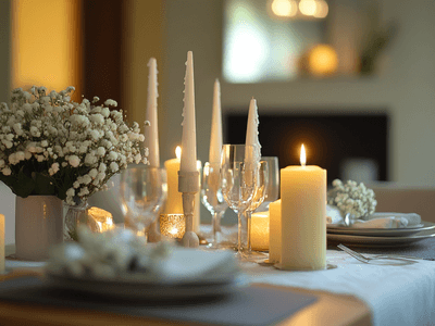 Elegante Tischdekoration mit Blumen und Kerzen für ein gemeinsames Essen
