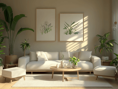 Ein harmonisch eingerichtetes Wohnzimmer nach Feng Shui-Prinzipien mit Pflanzen und sanften Farben.