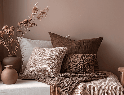 Dekokissen und eine Vase mit Trockenblumen in Brauntönen auf einer Sitzbank vor einer Wand in einem moccafarbenen Ton
