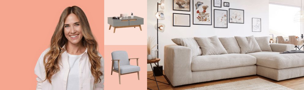 Banner, auf dem eine freundlich lächelnde Frau, ein grauer Couchtisch mit Holzbeinen, ein Sessel mit Holzbeinen und grauem Bezug sowie ein Wohnzimmer mit einem cremefarbenen Ecksofa vor einer weißen Wand mit einer Bildercollage, zu sehen ist 