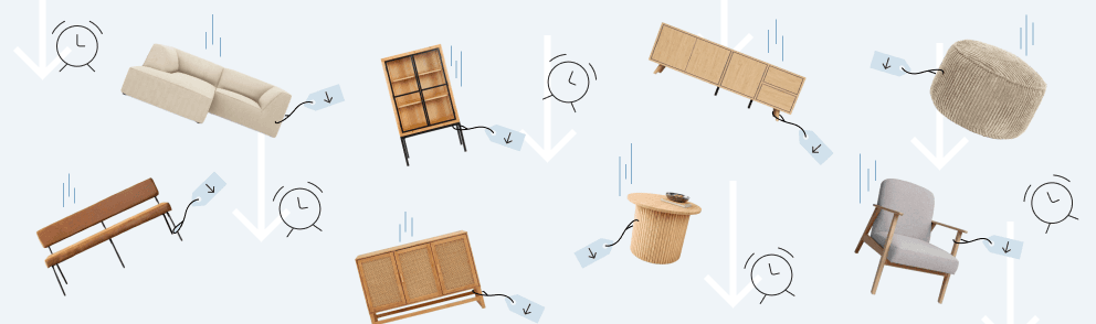 Banner mit einem hellblauen Hintergrund auf dem verschiedene Möbel wie einem Sofa, einer Sitzbank, einem Sideboard und einem Couchtisch zu sehen sind, die Weckern und nach unten zeigenden Pfeilen umgeben sind